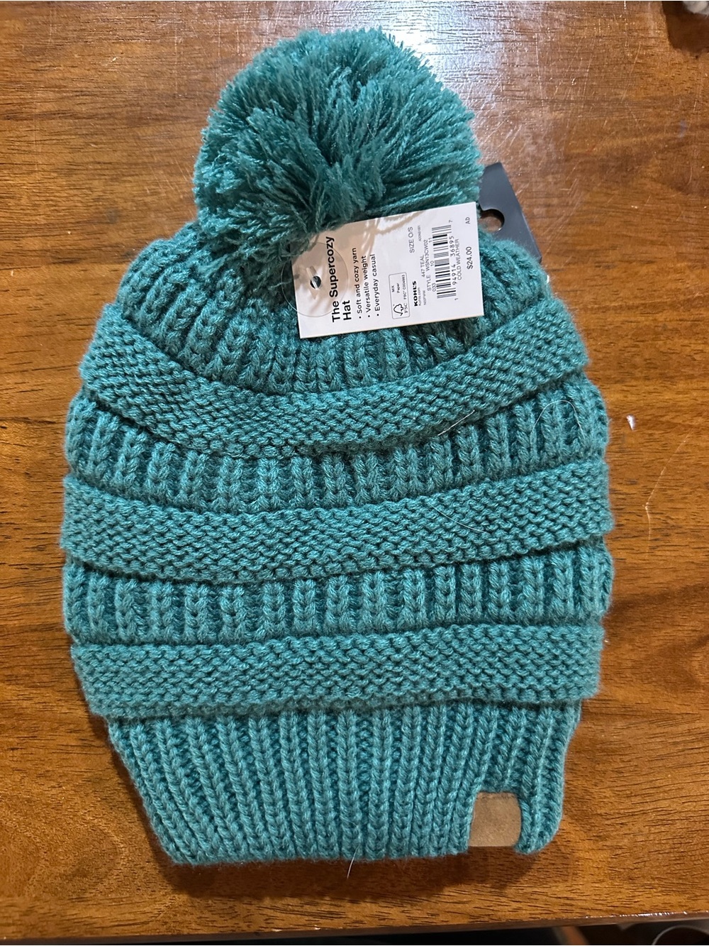 Women's Teal Knit Pom-Pom Beanie Hat -